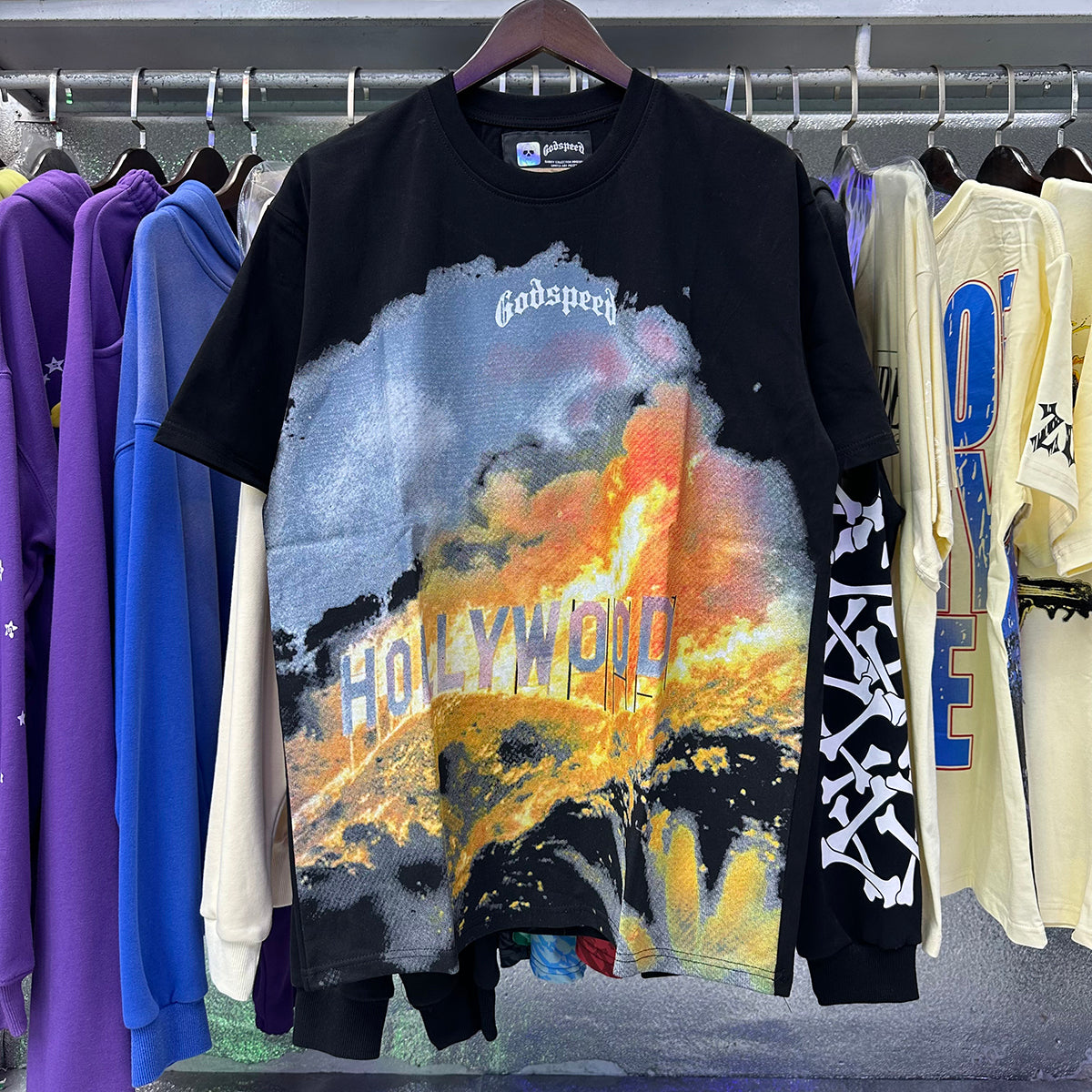 Godspeed T-shirts Los Angeles Hollywood Hills Fire Print Cotton Casual Short Sleeve Men and Women
