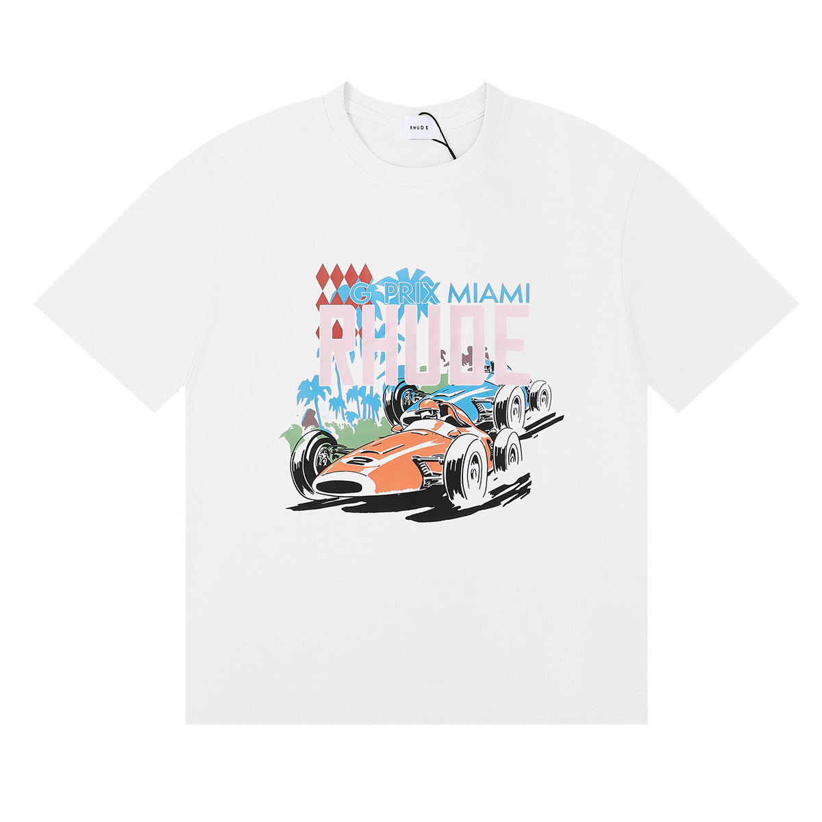 Rhude T-shirt Alphabet Coconut Racing Pattern Short Sleeve T-shirt