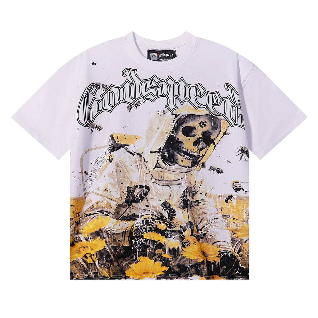 Godspeed T-shirts Skull Bee Sunflower Print Cotton Short Sleeve Men and Women