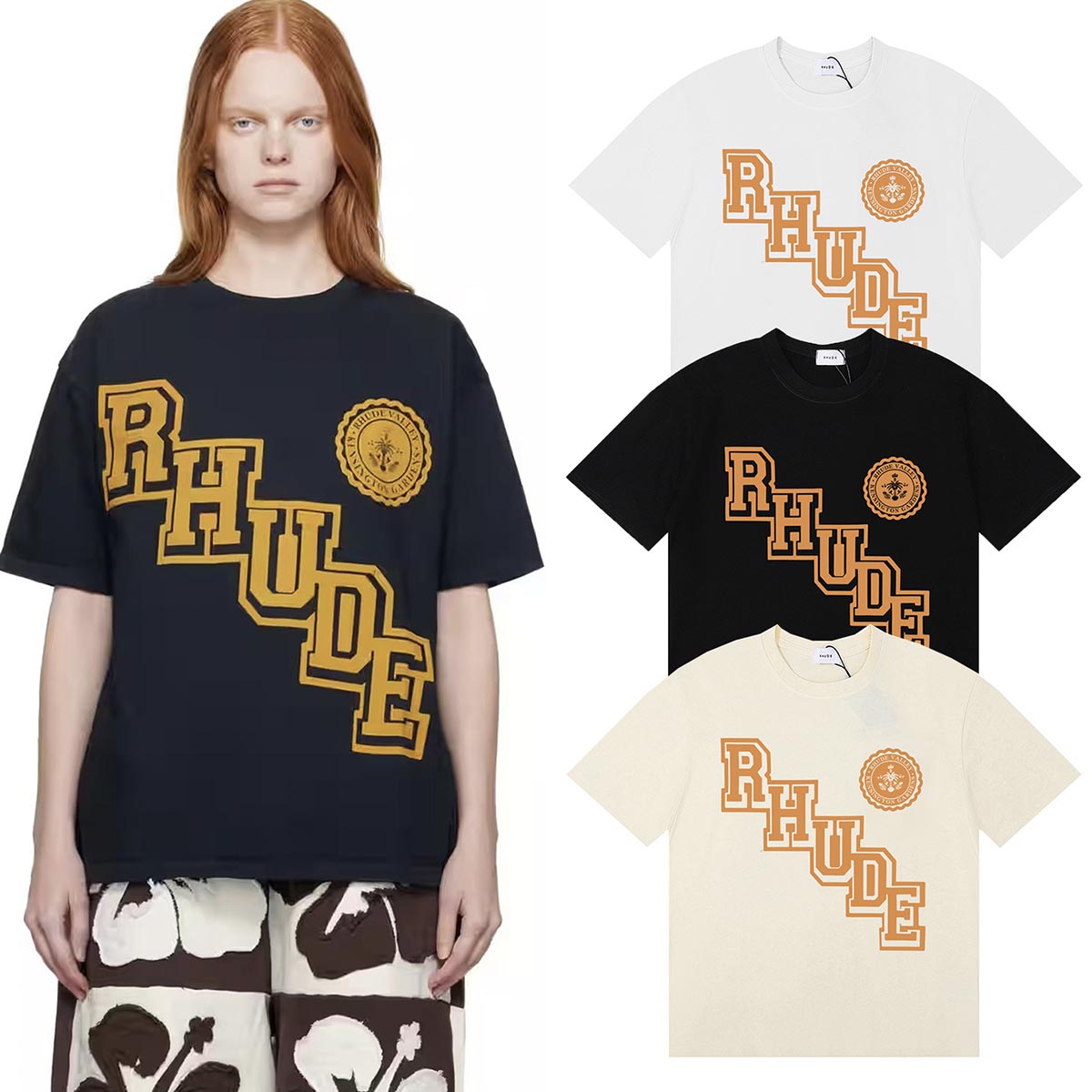 Rhude T-shirts Collegiate Cotton Casual Short Sleeve Men and Women