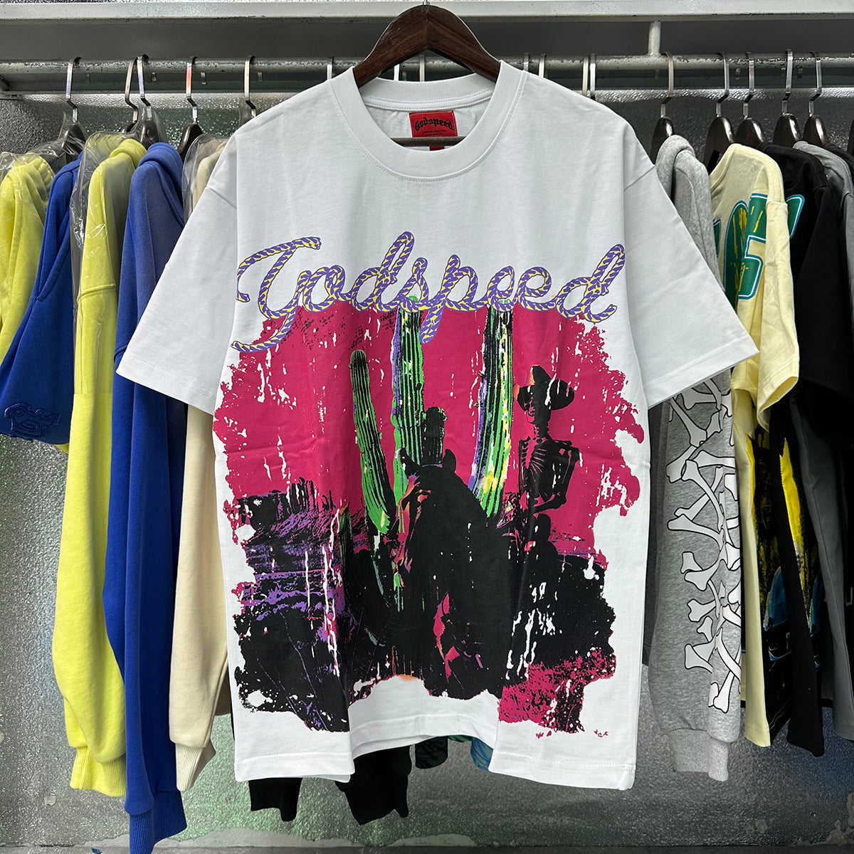 Godspeed T-shirts Western Skull Denim Cactus Print Cotton Casual Short Sleeve Men and Women