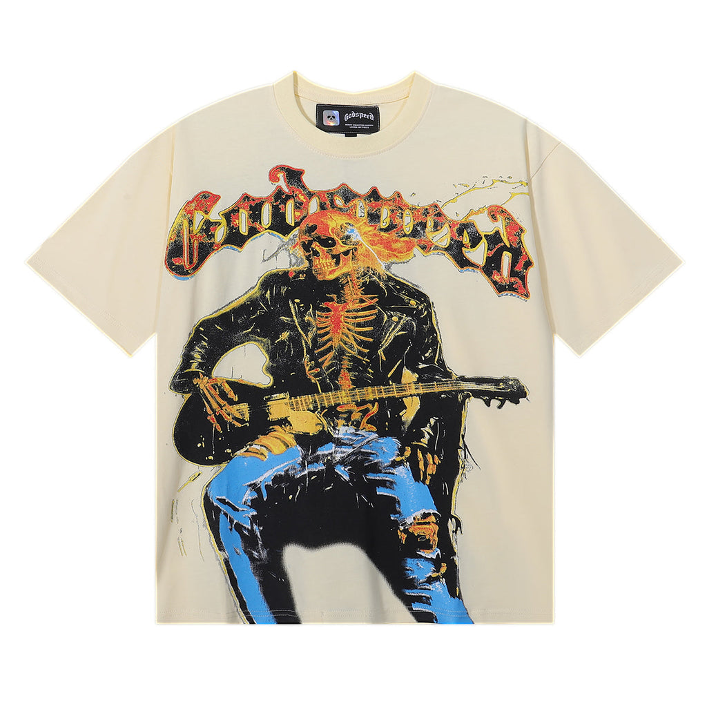 Godspeed T-shirts Guitar Skull Denim Print Casual Crew Neck Short Sleeve Men and Women