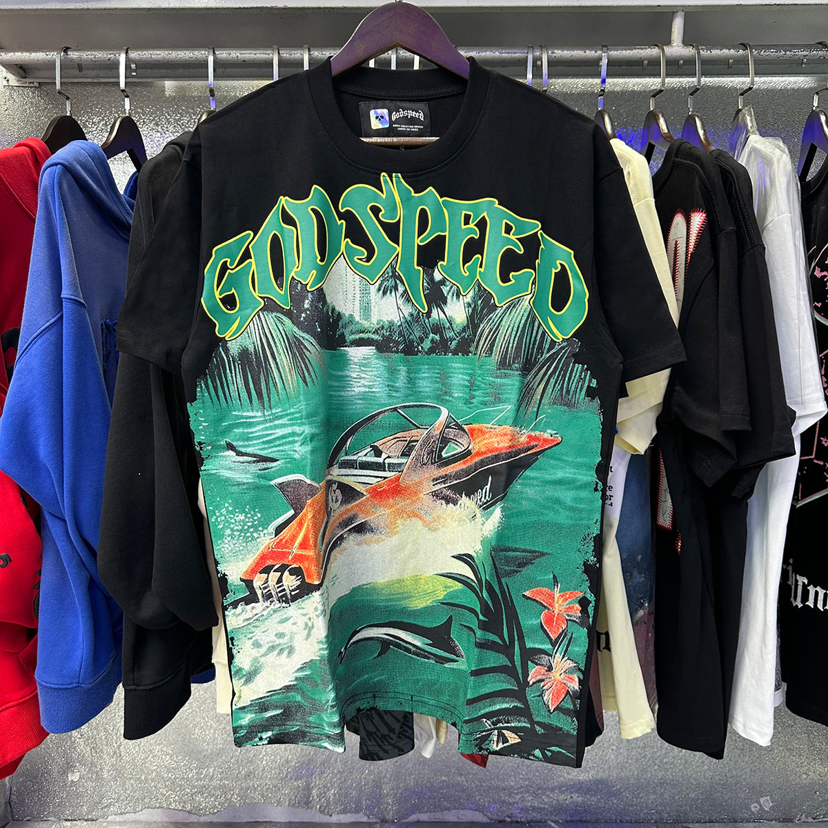 Godspeed T-shirts Speedboat Shark Print Cotton Crew Neck Short Sleeve Men and Women