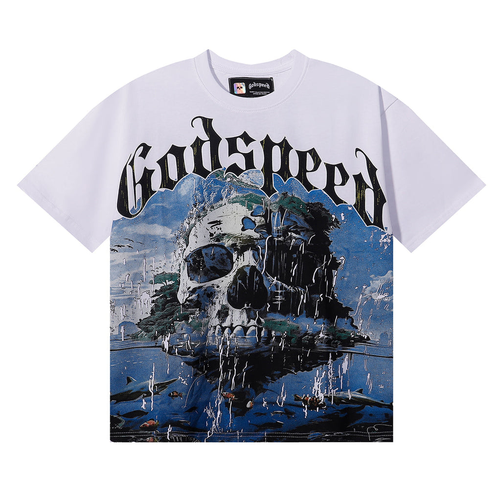 Godspeed T-shirts Skull Landscape Printing Cotton Casual Short Sleeves Men and Women